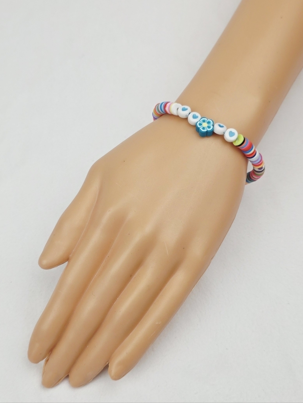 Handmade Clay Bead Multi Color Heart Flower Bracelet